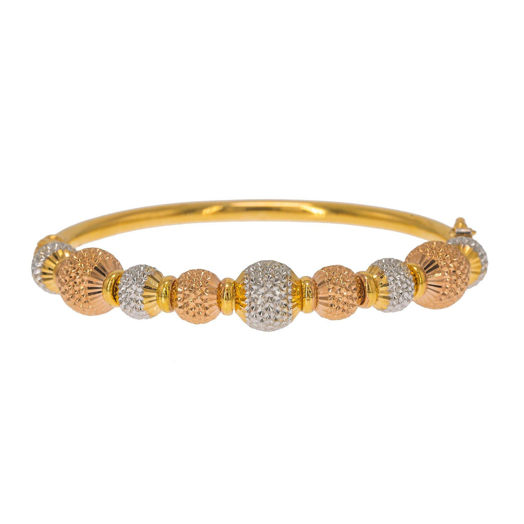 22K Multi Tone Gold Bangle W/ Rose, White & Yellow Accent Dimpled Balls - Virani Jewelers | Create bold accents with radiant blends of gold colors and unique jewelry designs such as this 22...