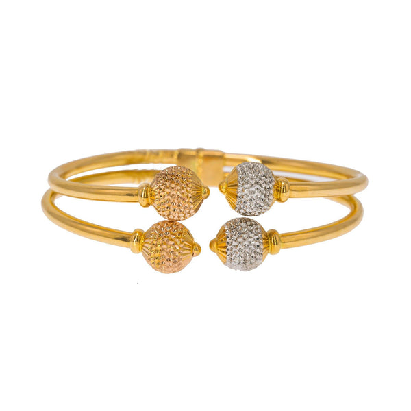22K Multi Tone Gold Bangle W/ Split Stacked Band, White & Rose Gold Accent Balls - Virani Jewelers | Create bold accents with radiant blends of gold colors and unique jewelry designs such as this 22...