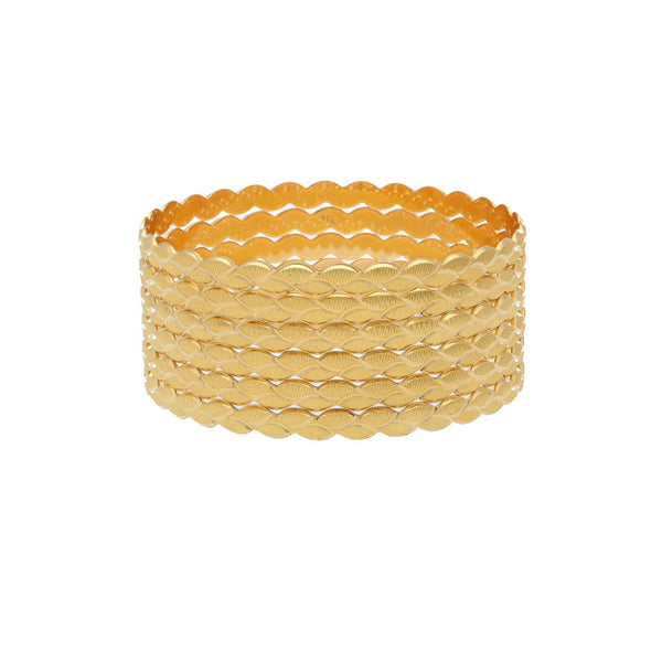 22K Yellow Gold Bangles Set of 6 W/ Grecian Leaf Design - Virani Jewelers | 


Enjoy the beauty of subtle details layered to perfection like this set of six 22K yellow gold ...