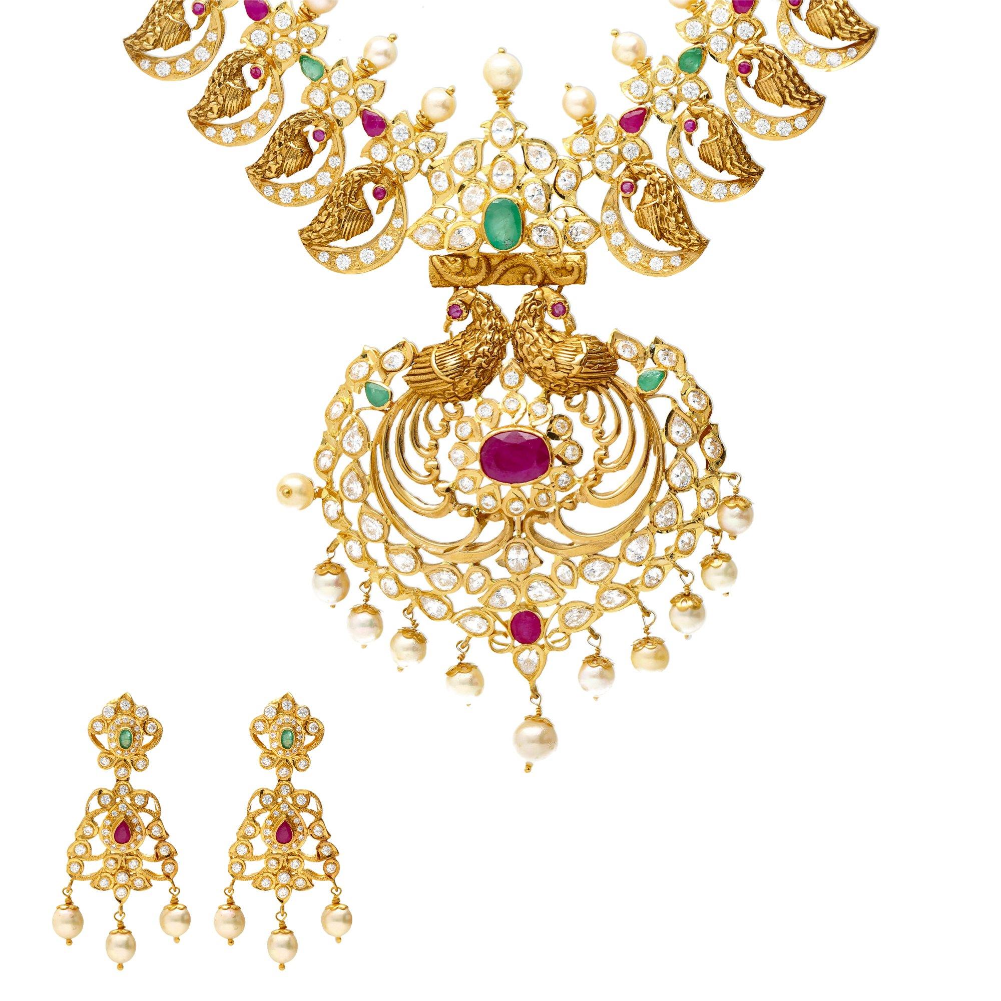 Gold Pachi Mango Mala Necklace Set Bejeweled Necklace Set