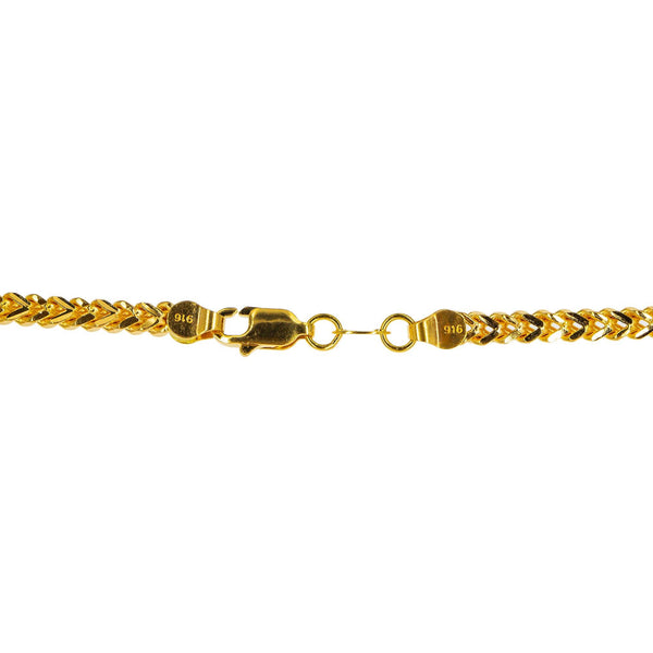 An image of the lobster claw clasp featured on the flat wheat-link, 22K gold rope chain from Virani. | Treat yourself to something elegant when you buy a 22K gold flat wheat chain necklace from Virani...