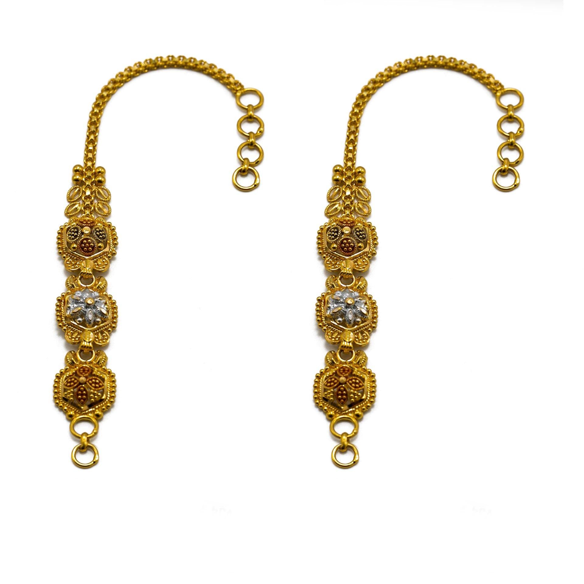 22K Multi Tone Gold Ear Chains W/ Meenakari Hand Paint & Beaded Filigr ...