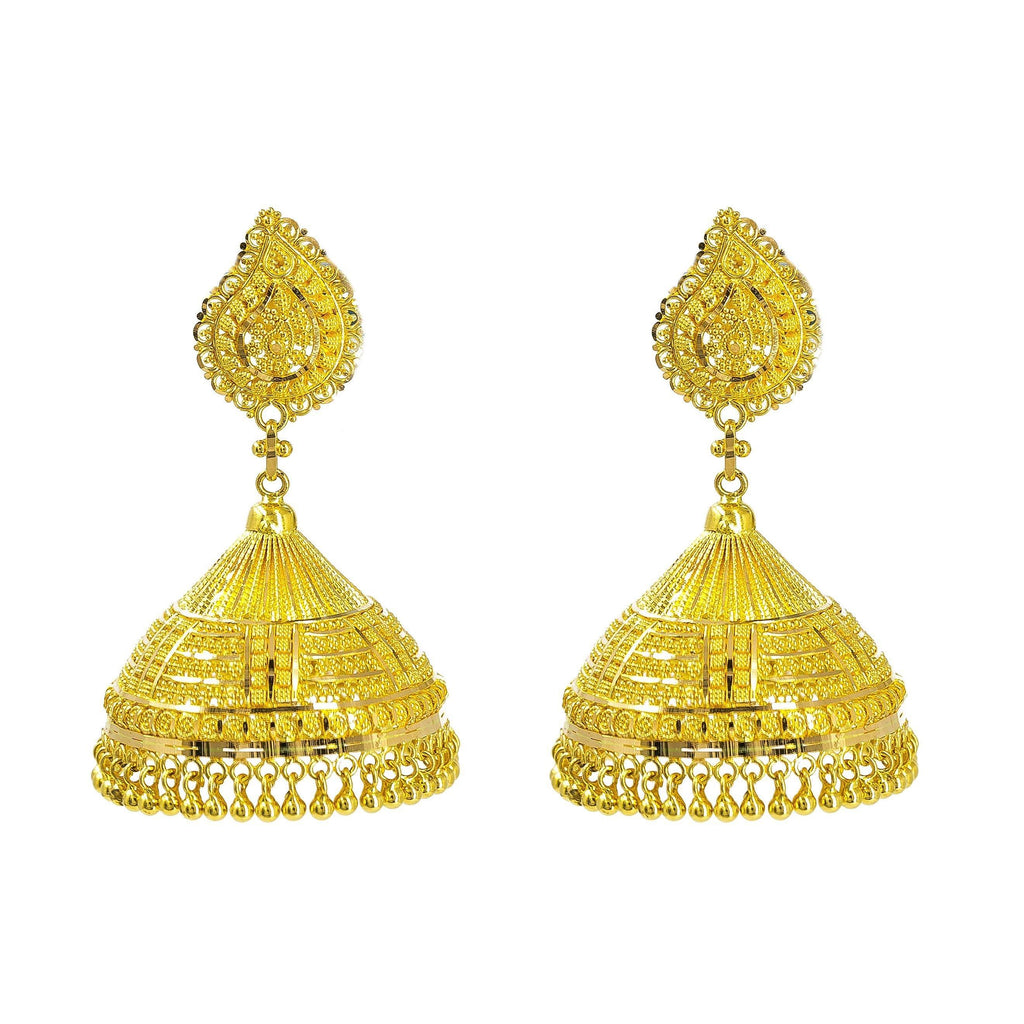 22K Yellow Gold Jhumki Earrings W/ Butta & Detailed Engravings on Mango Pendant - Virani Jewelers |  22K Yellow Gold Jhumki Earrings W/ Butta & Engraved Designs on Mango Pendant for women. Thes...