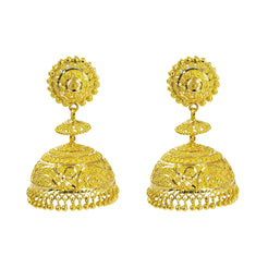 22K Yellow Gold Jhumki Earrings W/ Textured Design & Round Petaled Pendant - Virani Jewelers