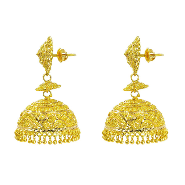22K Yellow Gold Jhumki Earrings W/ Textured Design & Round Petaled Pendant - Virani Jewelers |  22K Yellow Gold Jhumki Earrings W/ Textured Design & Round Petaled Pendant for women. Add a ...