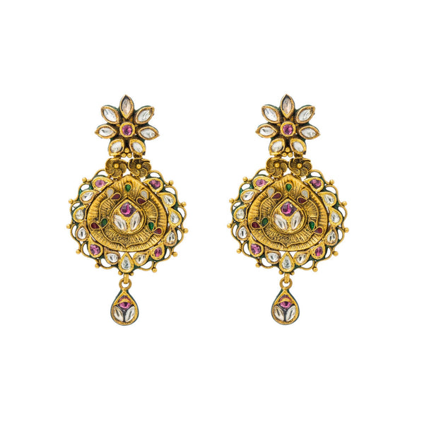 22K Yellow Gold Drop Earrings W/ Kundan & Vintage Design - Virani Jewelers | Let luxury hang from your ears with this vintage pair of 22K yellow gold Kundan drop earrings fro...