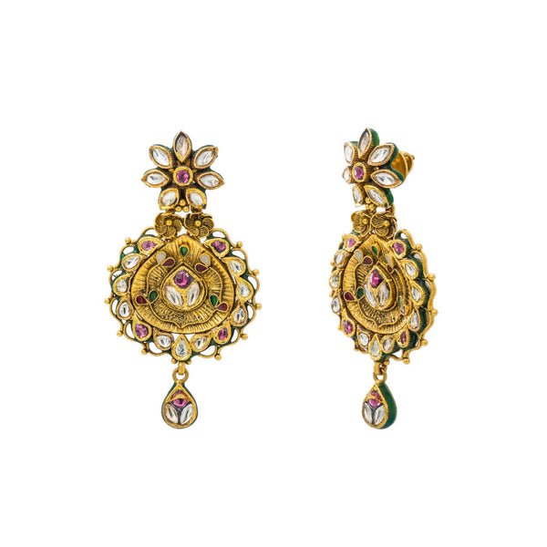 22K Yellow Gold Drop Earrings W/ Kundan & Vintage Design - Virani Jewelers | Let luxury hang from your ears with this vintage pair of 22K yellow gold Kundan drop earrings fro...