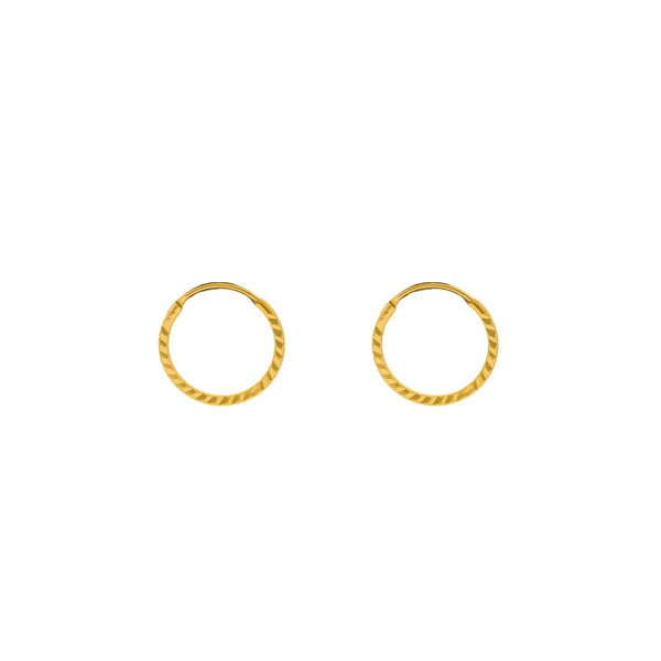 An image of the 22K gold hoops from Virani Jewlers with a hammered texture. | Accentuate your everyday look with these gorgeous 22K gold hoops from Virani Jewelers!

Features ...