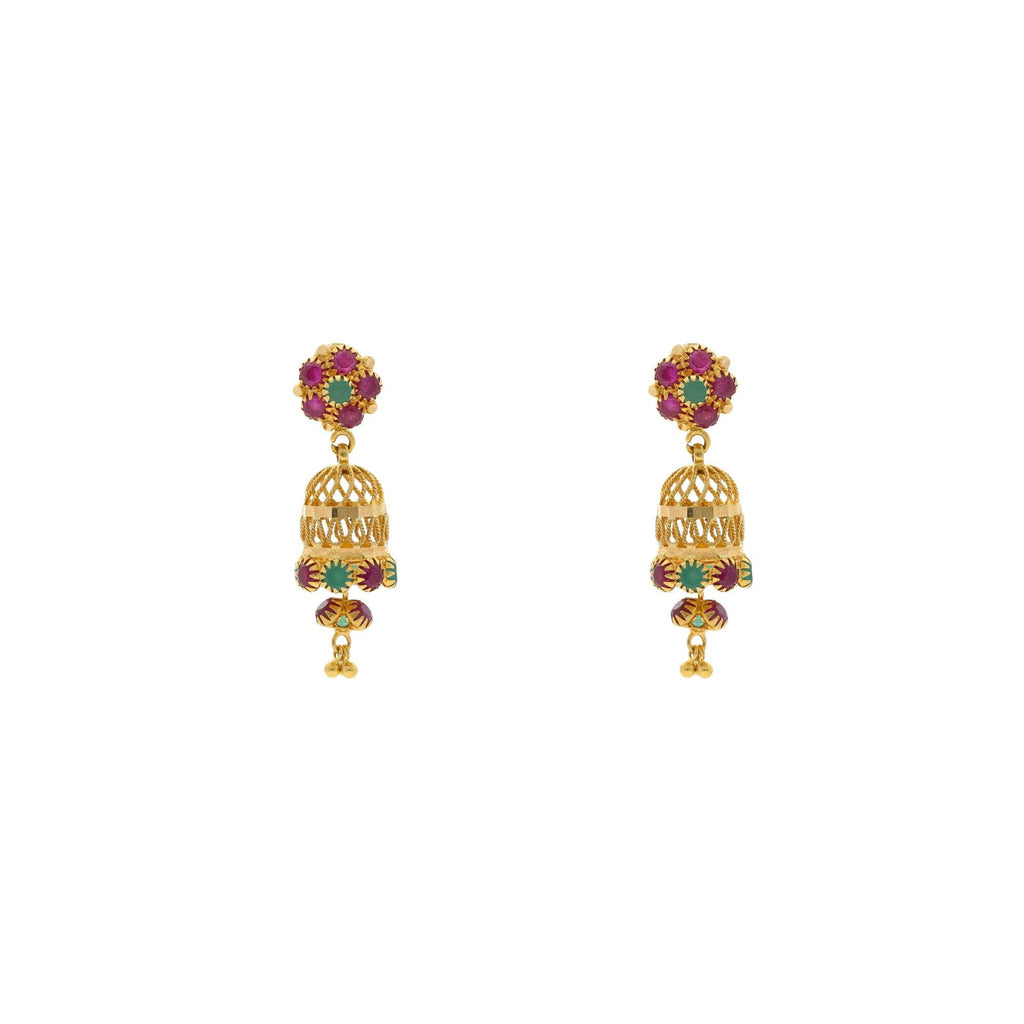 22K Yellow Gold Exotic Jhumka Drop Earrings W/ Emeralds & Rubies, 5.6 grams - Virani Jewelers | 


Nothing can match the beauty and grace that a pair of traditional jhumakas can add to your ens...
