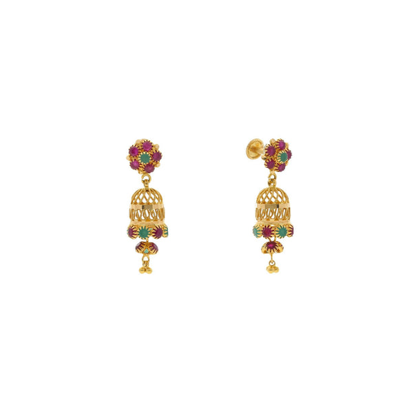 22K Yellow Gold Exotic Jhumka Drop Earrings W/ Emeralds & Rubies, 5.6 grams - Virani Jewelers | 


Nothing can match the beauty and grace that a pair of traditional jhumakas can add to your ens...