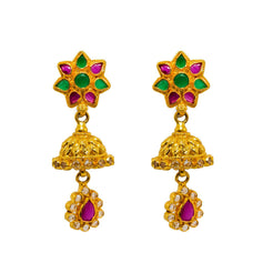 22K Yellow Gold Jhumki Earrings W/ Rubies, Emeralds, CZ Gems & Ornate Flower Designs - Virani Jewelers