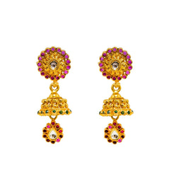 22K Yellow Gold Jhumki Earrings Earrings W/ Rubies, Emeralds, Kundan & Loop Detailed Drops - Virani Jewelers