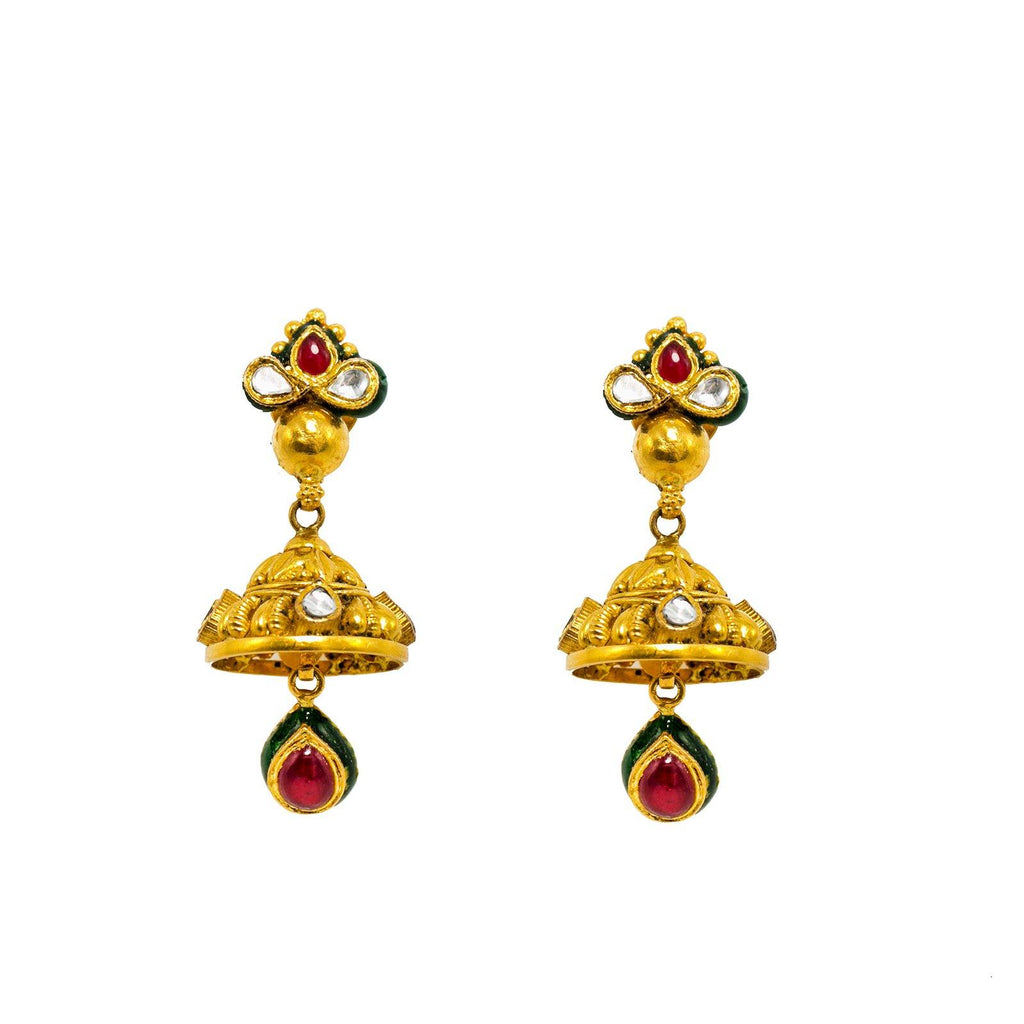 22K Yellow Gold Jhumki Earrings W/ Rubies, Emeralds, Kundan & Artisanal teardrop Accents - Virani Jewelers |  22K Yellow Gold Jhumki Earrings W/ Rubies, Emeralds, Kundan & Artisanal teardrop Accents for...