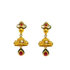 22K Yellow Gold Jhumki Earrings W/ Rubies, Emeralds, Kundan & Artisanal teardrop Accents - Virani Jewelers