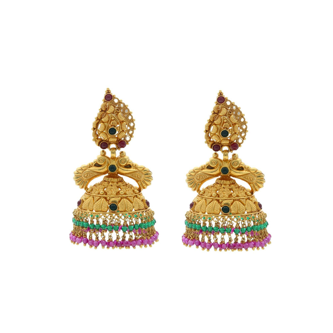 22K Gold Jhumka Earrings - ErFc26082 - US$ 1,862 - 22KT Gold earrings in  layered Jhumkas style with gold balls (ghoogri) hangings at the bottom.  Earrin