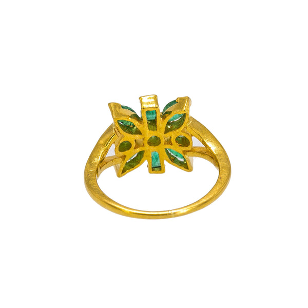 22K Yellow Gold Emerald Ring W/ Round, Marquise & Emerald Cut Gemstones - Virani Jewelers | Exude the colors of nature with this radiant 22K yellow gold emerald ring from Virani Jewelers! F...