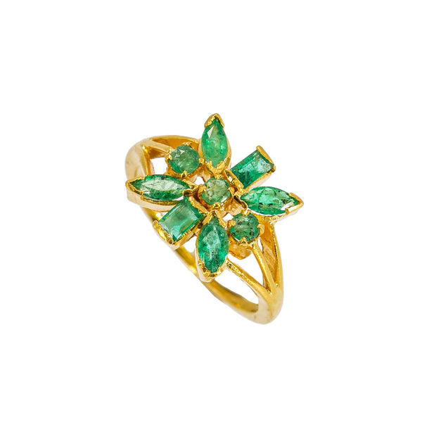 22K Yellow Gold Emerald Ring W/ Round, Marquise & Emerald Cut Gemstones - Virani Jewelers | Exude the colors of nature with this radiant 22K yellow gold emerald ring from Virani Jewelers! F...