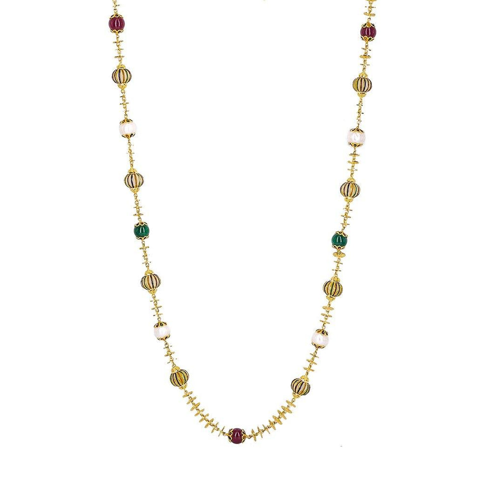 22K Yellow Gold Enamel Chain W/ Pearls, Rubies, Emeralds & Textured Gold Balls - Virani Jewelers | 22K Yellow Gold Bangles Set of 6 W/ Sectioned Beaded Filigree, 93.5 gm for women. This stunning 2...