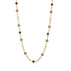 22K Yellow Gold Enamel Chain W/ Pearls, Rubies, Emeralds & Textured Gold Balls - Virani Jewelers