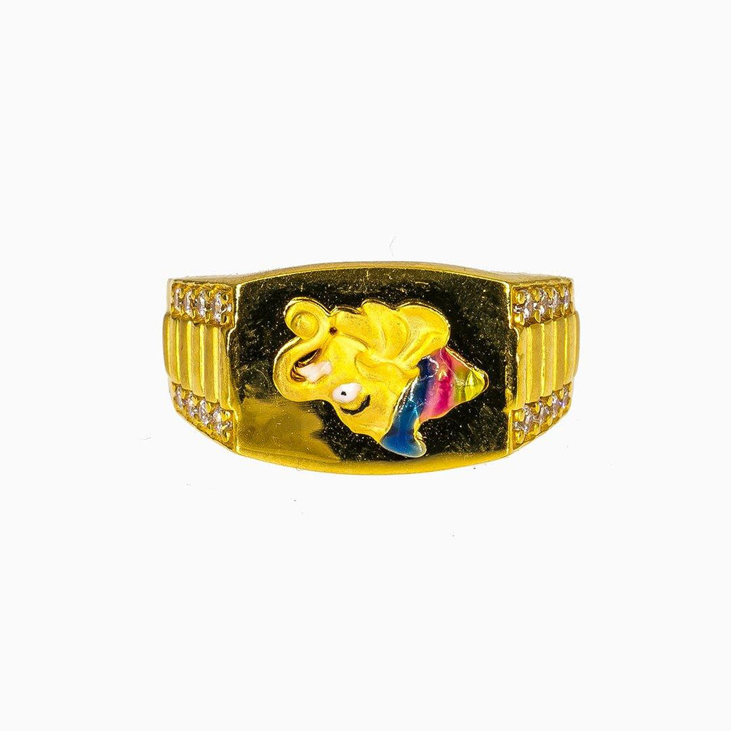 22K Yellow Gold Ganesh Ring for Men W/ CZ Gems & Artistic Colorful Enamel Design - Virani Jewelers | This is our 22K yellow gold Ganesh ring for men with CZ gems and an enamel design. This unique 22...