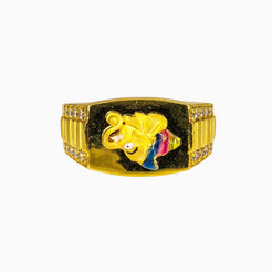 22K Yellow Gold Ganesh Ring for Men W/ CZ Gems & Artistic Colorful Enamel Design - Virani Jewelers