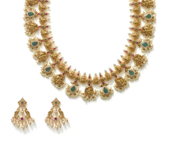 22K Yellow Gold Guttapusalu Necklace & Earrings Set W/ Pearls, Rubies, Emeralds, CZ Polki & Lord Ganesh Accents - Virani Jewelers