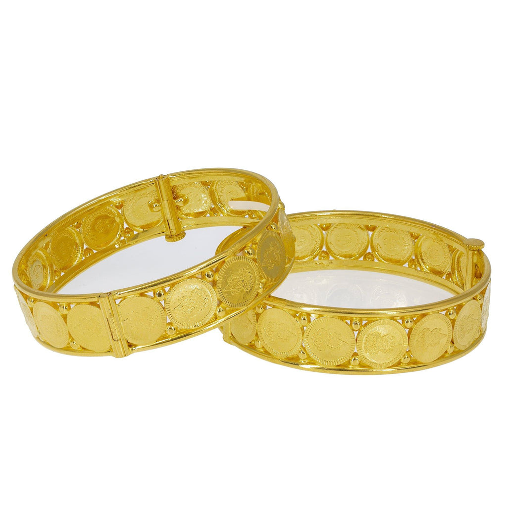 22K Yellow Gold Laxmi Kasu Bangles Set of 2 W/ Smooth Bar Trim - Virani Jewelers | Create a radiant modern stacked look with this 22K yellow gold Laxmi Kasu bangle set from Virani ...