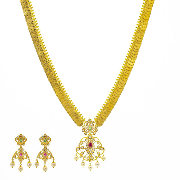 An image of the Priscilla Kasu 22K gold necklace set from Virani Jewelers. | Exude feminine style with this gorgeous 22K gold necklace set from Virani Jewelers!

Embellished ...