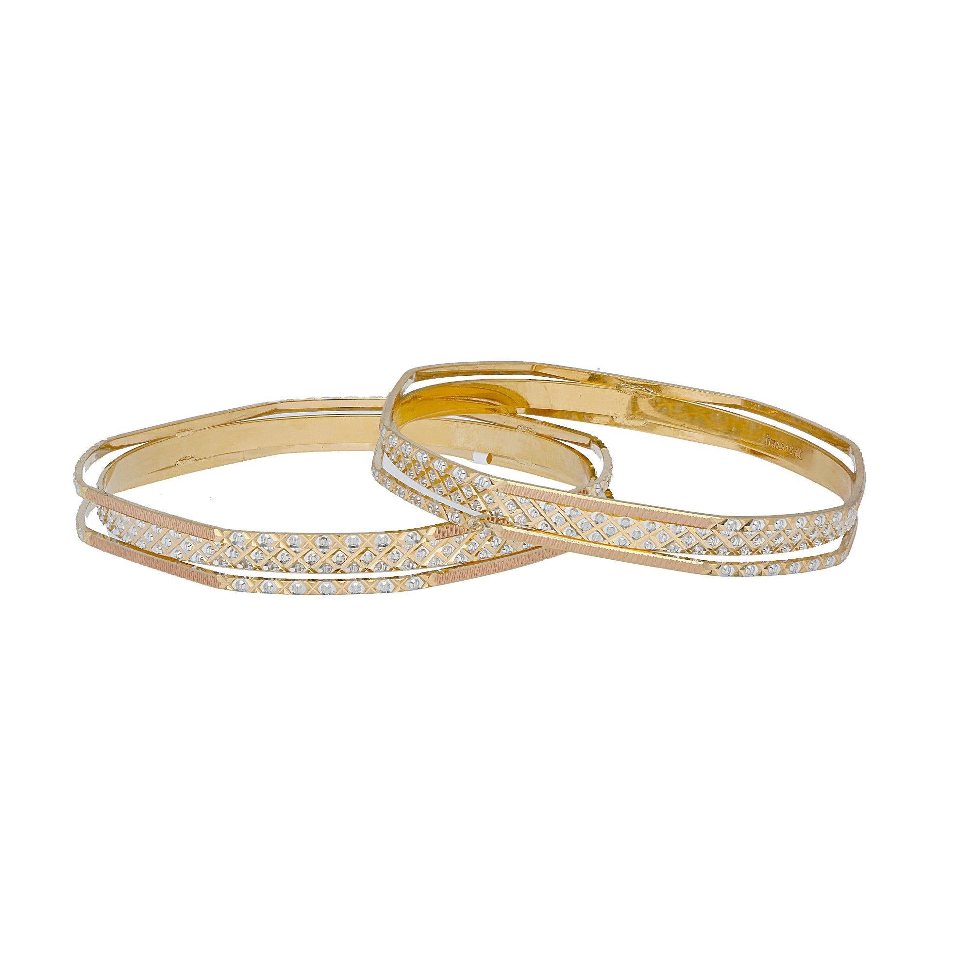 22K Multi Tone Gold Laser Bangles Set of 2 W/ Stacked Band & Diamond C ...