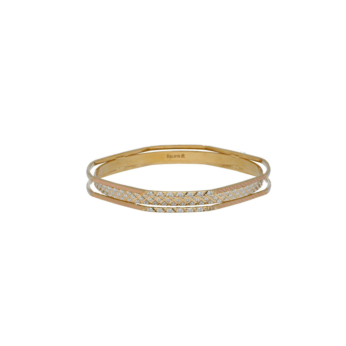 22K Multi Tone Gold Laser Bangles Set of 2 W/ Stacked Band & Diamond C ...