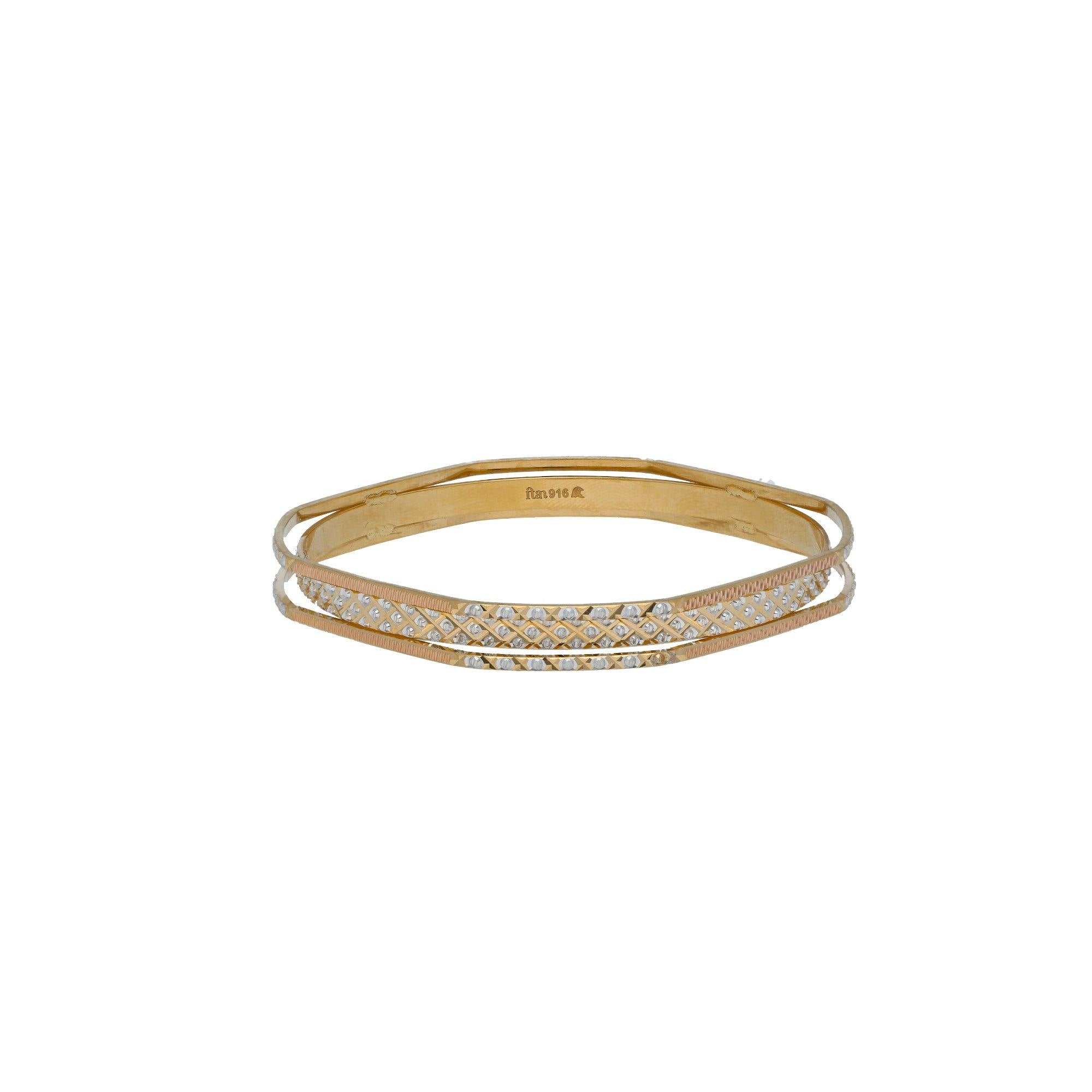 22K Multi Tone Gold Laser Bangles Set of 2 w Stacked Band Diamond Cutting Accents