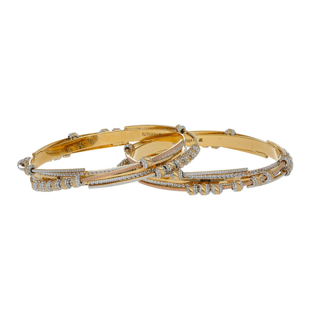 22K Multi Tone Gold Laser Bangles Set of 2 W/ Multi Layer Bands & Textured Gold Ball Beads - Virani Jewelers | 



Create bold depths of golden layers to complement your chicest attire with pieces like this s...