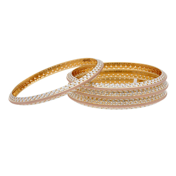 22K Multi Tone Gold Laser Bangles Set of 4 W/ Pointed Dome Band & Diamond Cutting - Virani Jewelers | 



Stack on the layers of luxury with the beautifully seamless details of this set of four 22K m...