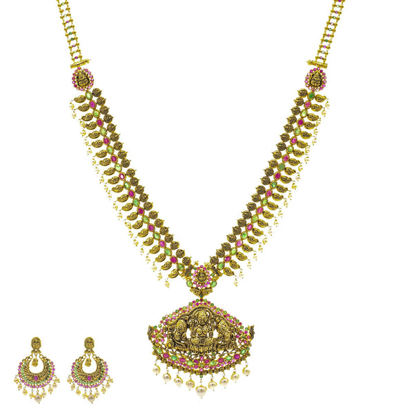 An image of the Antique Laxmi 22K gold necklace set from Virani Jewelers. | Show off your one-of-a-kind style with this stunning 22K gold necklace set from Virani Jewelers!
...