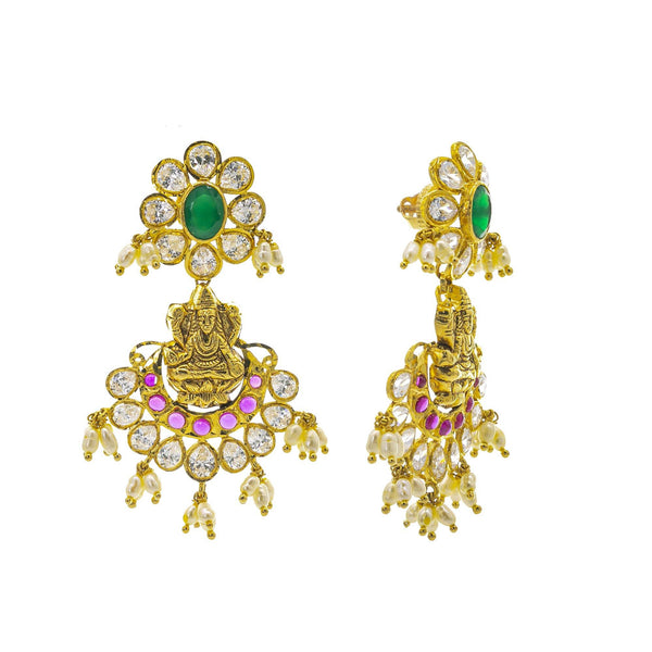 An image of the post and side of the Laxmi Temple 22K gold earrings from Virani Jewelers. | Expand your collection of fine jewelry with this gorgeous 22K gold necklace set from Virani Jewel...
