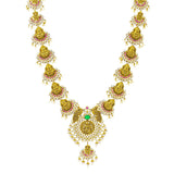An image of the Laxmi Temple 22K gold necklace from Virani Jewelers.  | Expand your collection of fine jewelry with this gorgeous 22K gold necklace set from Virani Jewel...