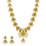 An image of the Laxmi Temple 22K gold necklace set from Virani Jewelers. | Expand your collection of fine jewelry with this gorgeous 22K gold necklace set from Virani Jewel...