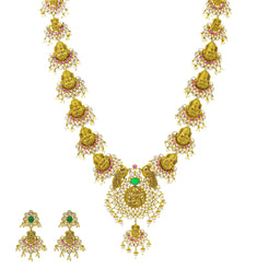 An image of the Laxmi Temple 22K gold necklace set from Virani Jewelers.