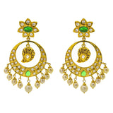 An image of the emerald, pearl, and CZ embellishments on the Anjali 22K gold earrings from Virani Jewelers. | Show off your culture in a fun and festive way with this gorgeous 22K gold necklace set from Vira...