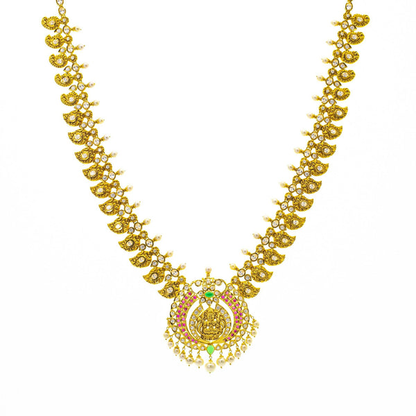An image of the 22K gold necklace with CZ gemstone embellishments from Virani Jewelers. | Show off your culture in a fun and festive way with this gorgeous 22K gold necklace set from Vira...