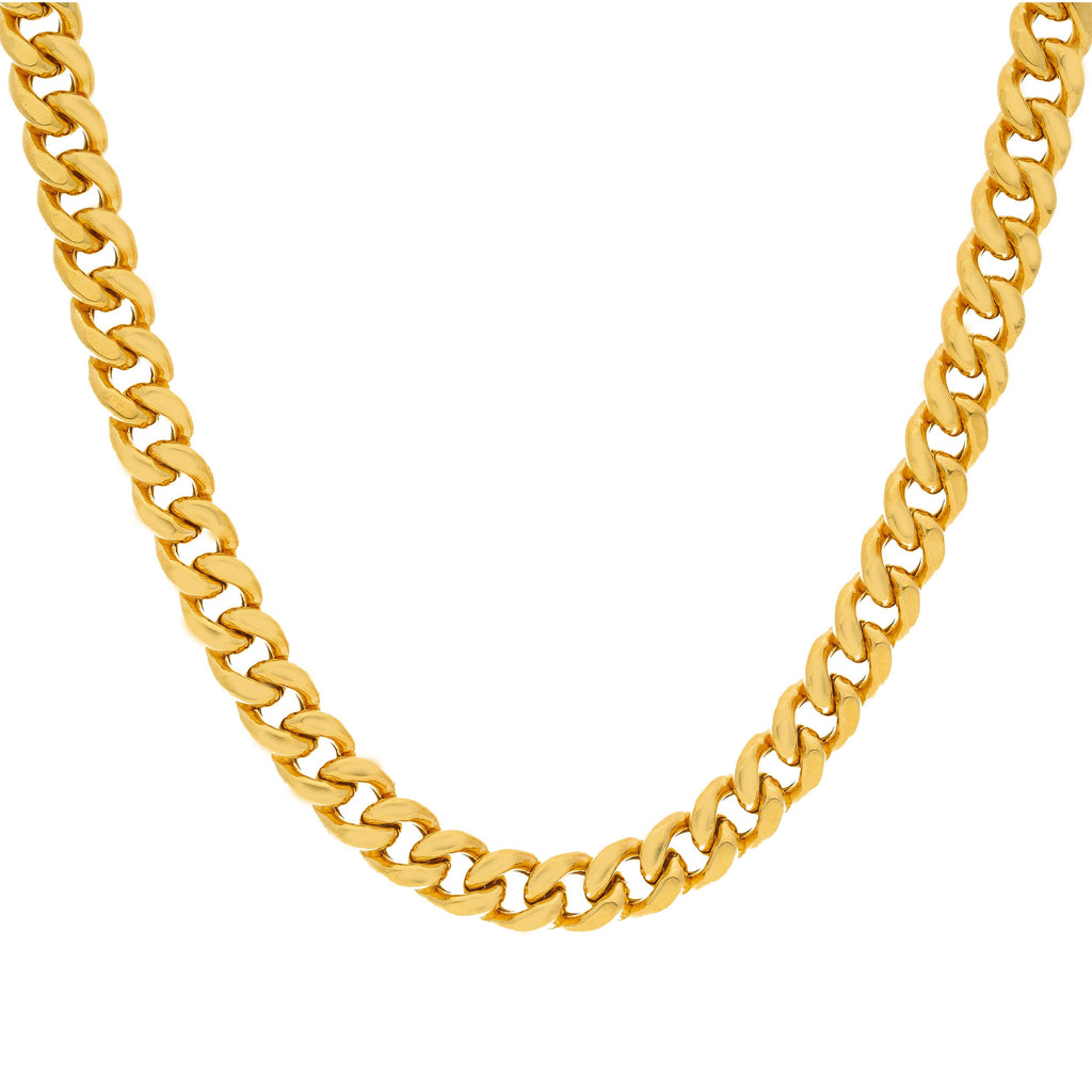 A closeup image showing the Cuban links on the 22K gold chain from Virani Jewelers. | Make a masculine statement without going over the top with this gorgeous 22K gold Cuban link chai...
