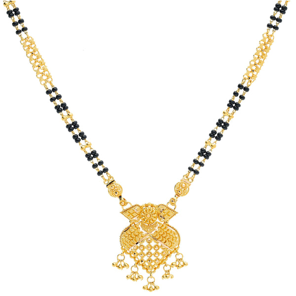 An image of an Indian necklace with a 22K gold pendant crafted by Virani Jewelers | The detailed and unique design on this double-stranded, 22K yellow gold necklace from Virani Jewe...