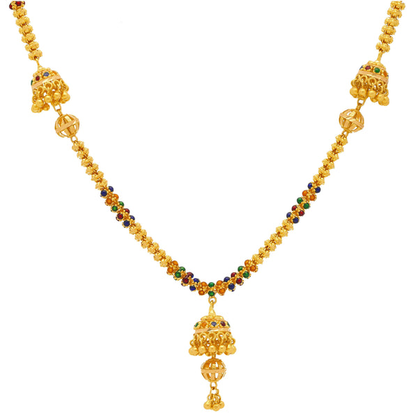 An image of the 22K gold necklace with Jhumki drop accents from Virani Jewelers. | Add bold and bright designs to your wardrobe with this gorgeous 22K gold necklace set from Virani...