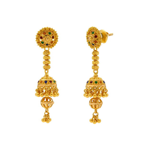 A close-up image of the side of the Jhumki drop Indian gold earrings from Virani Jewelers. | Add bold and bright designs to your wardrobe with this gorgeous 22K gold necklace set from Virani...