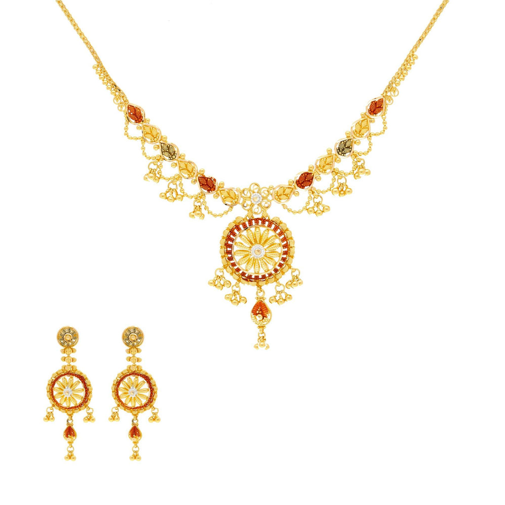 22K Yellow Gold Meenakari Necklace and Earrings Set - Virani Jewelers | Treat yourself to luxury with this beautiful 22K gold necklace set from Virani Jewelers!

Designe...