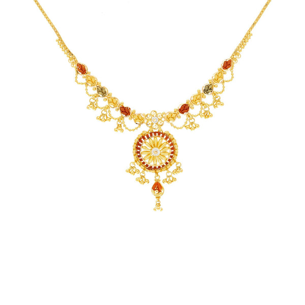 22K Yellow Gold Meenakari Necklace and Earrings Set - Virani Jewelers | Treat yourself to luxury with this beautiful 22K gold necklace set from Virani Jewelers!

Designe...