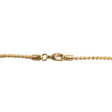 A closeup image of the lobster claw clasp on the 22K gold necklace with draping strands from Virani Jewelers. | Add a classy look to your attire with the Multi-Tone Gold Ball Chain from Virani Jewelers!

Featu...