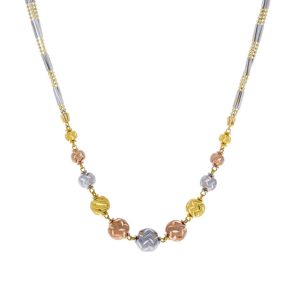 An image of the beautiful 22K gold necklace in three colors from Virani Jewelers. | Add color and style to your wardrobe with this unique 22K white, yellow, and rose gold chain from...