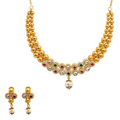22K Yellow Gold Necklace And Earrings Set W/ Rubies, Emeralds, CZ Stone Jewelry, Pearls & Smooth Gold Balls - Virani Jewelers