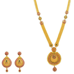 22K Yellow Gold Necklace And Earrings Set W/ Rubies, Emeralds, CZ Gems, Flower Charms & Pear Pendants - Virani Jewelers